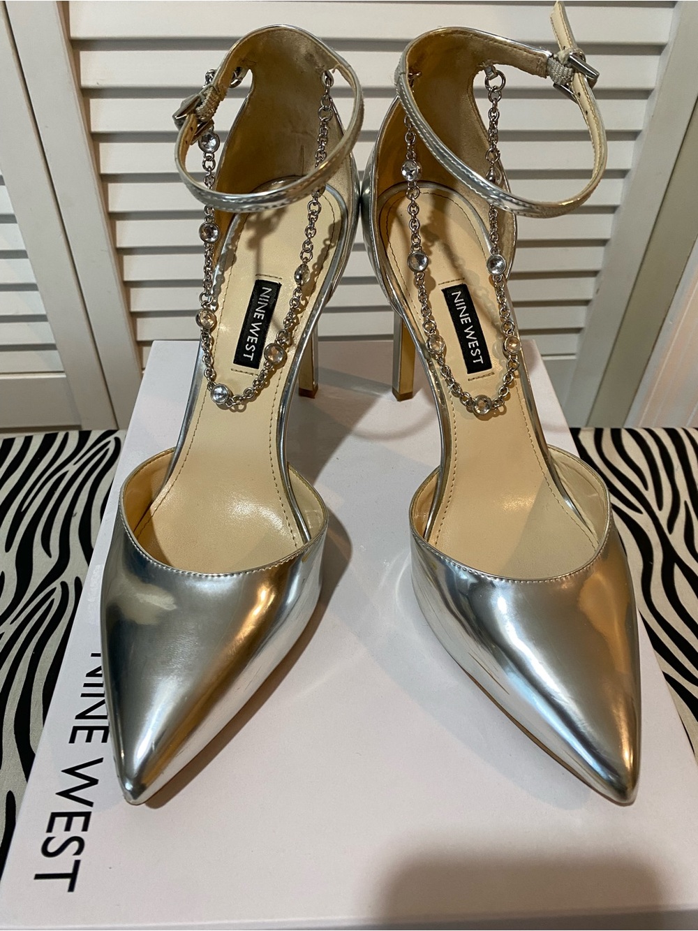 Nine West Metallic Silver Pointed-Toe Ankle-Strap Pumps with Chain